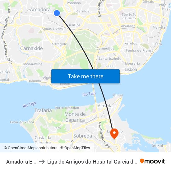 Amadora Este to Liga de Amigos do Hospital Garcia de Orta map