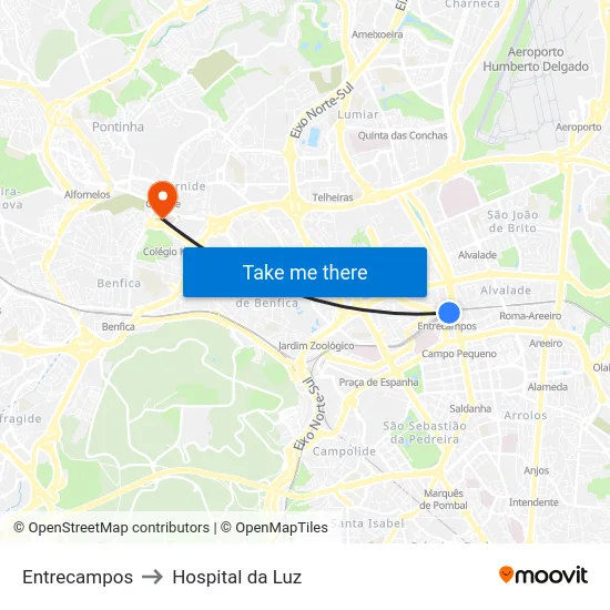 Entrecampos to Hospital da Luz map