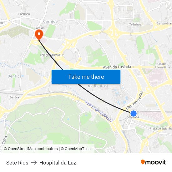 Sete Rios to Hospital da Luz map