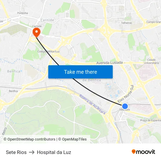 Sete Rios to Hospital da Luz map