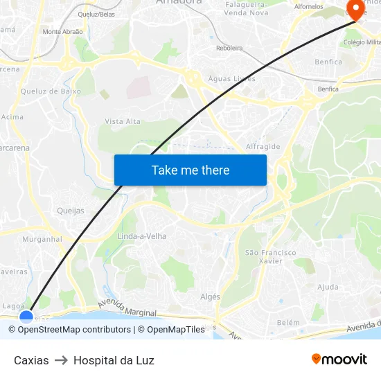 Caxias to Hospital da Luz map
