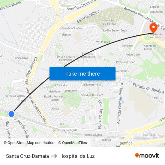 Santa Cruz-Damaia to Hospital da Luz map