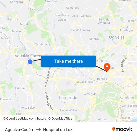 Agualva-Cacém to Hospital da Luz map