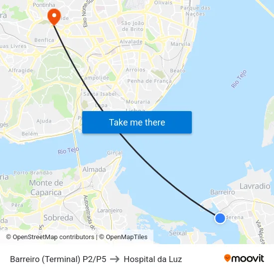 Barreiro (Terminal) P2/P5 to Hospital da Luz map