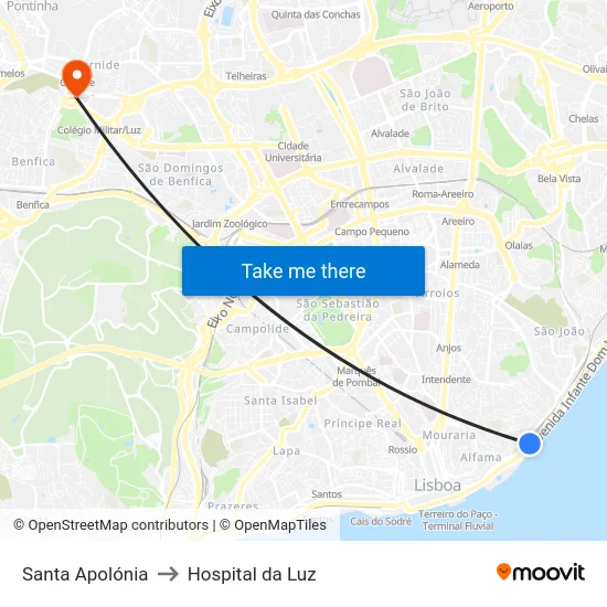 Santa Apolónia to Hospital da Luz map
