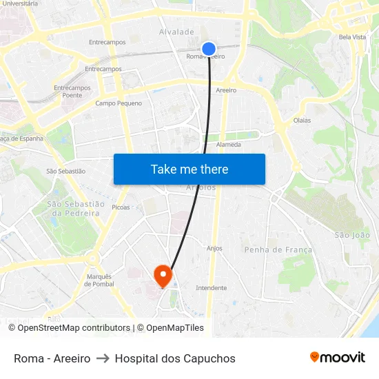 Roma - Areeiro to Hospital dos Capuchos map