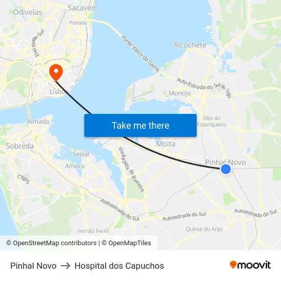 Pinhal Novo to Hospital dos Capuchos map