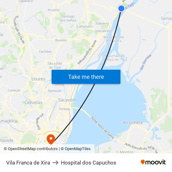 Vila Franca de Xira to Hospital dos Capuchos map