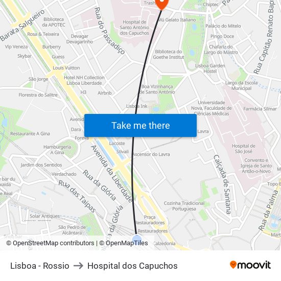 Lisboa - Rossio to Hospital dos Capuchos map