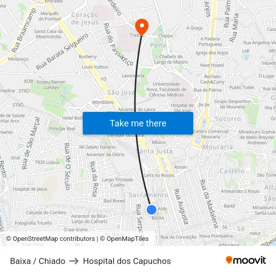 Baixa / Chiado to Hospital dos Capuchos map