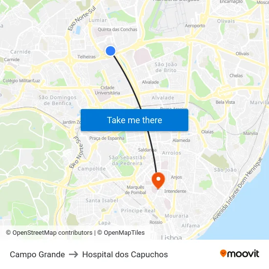 Campo Grande to Hospital dos Capuchos map