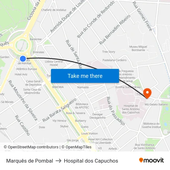 Marquês de Pombal to Hospital dos Capuchos map