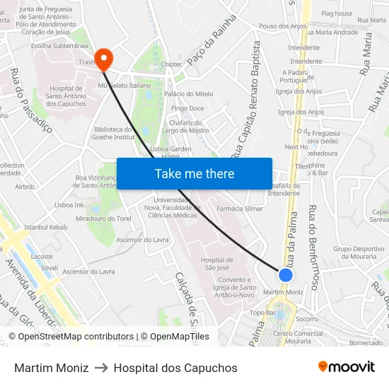 Martim Moniz to Hospital dos Capuchos map