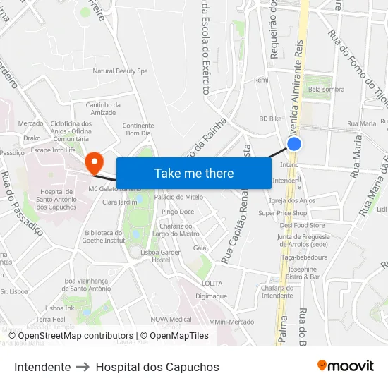 Intendente to Hospital dos Capuchos map