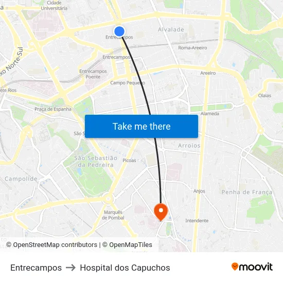 Entrecampos to Hospital dos Capuchos map