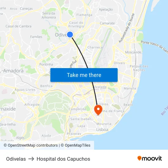 Odivelas to Hospital dos Capuchos map