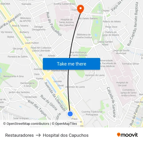Restauradores to Hospital dos Capuchos map