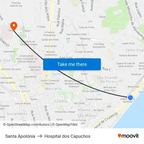 Santa Apolónia to Hospital dos Capuchos map