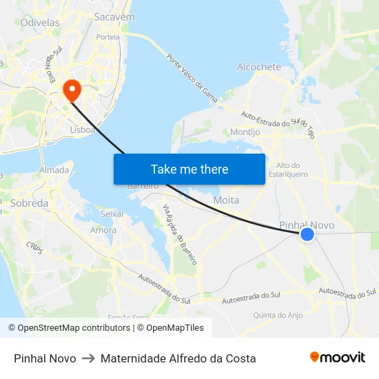 Pinhal Novo to Maternidade Alfredo da Costa map