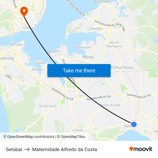 Setúbal to Maternidade Alfredo da Costa map