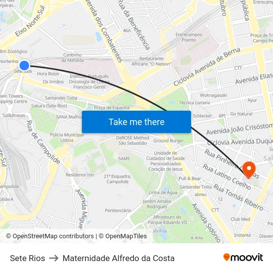 Sete Rios to Maternidade Alfredo da Costa map