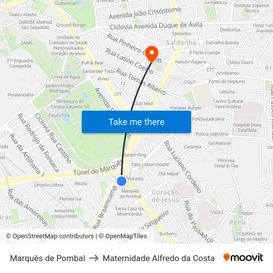 Marquês de Pombal to Maternidade Alfredo da Costa map