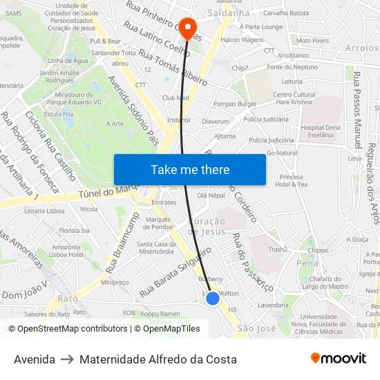 Avenida to Maternidade Alfredo da Costa map