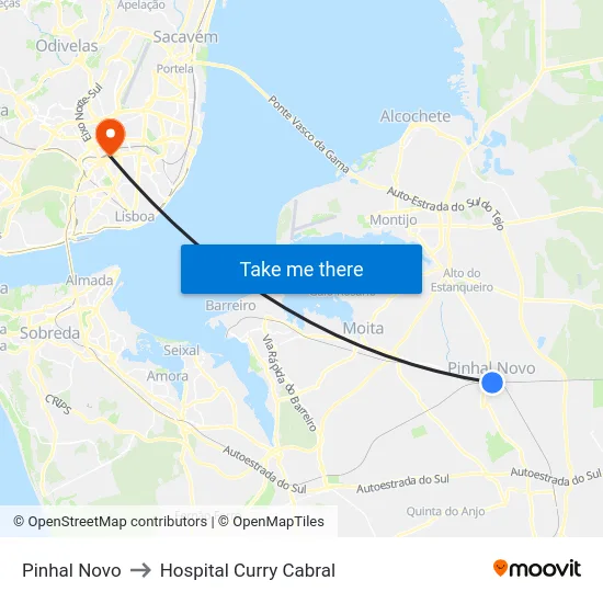 Pinhal Novo to Hospital Curry Cabral map