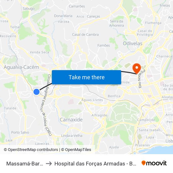 Massamá-Barcarena to Hospital das Forças Armadas - Base do Lumiar map