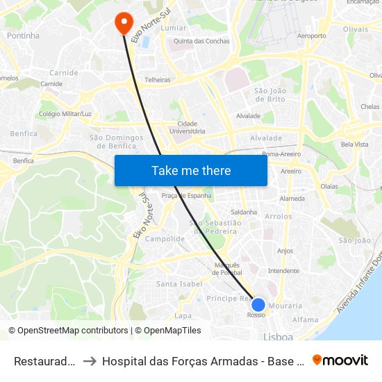 Restauradores to Hospital das Forças Armadas - Base do Lumiar map