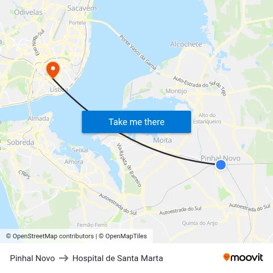 Pinhal Novo to Hospital de Santa Marta map