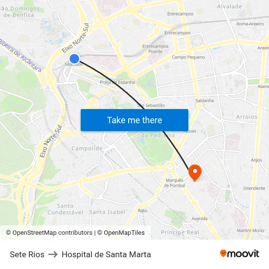 Sete Rios to Hospital de Santa Marta map