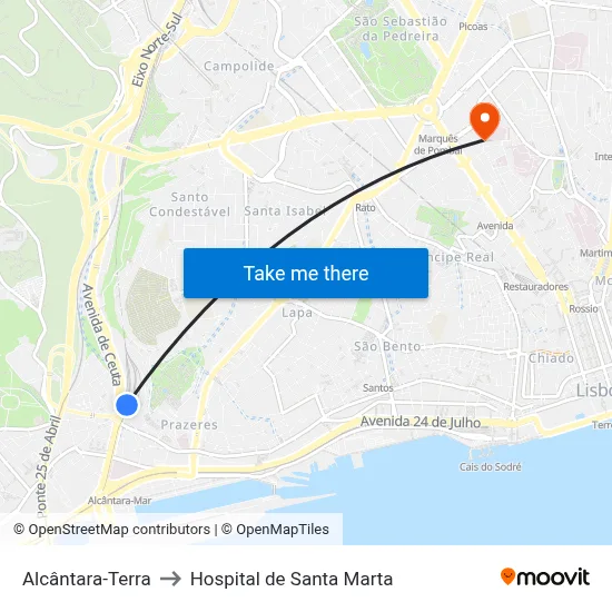 Alcântara-Terra to Hospital de Santa Marta map