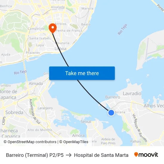 Barreiro (Terminal) P2/P5 to Hospital de Santa Marta map