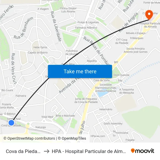 Cova da Piedade to HPA - Hospital Particular de Almada map