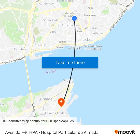 Avenida to HPA - Hospital Particular de Almada map