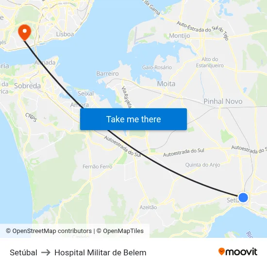 Setúbal to Hospital Militar de Belem map