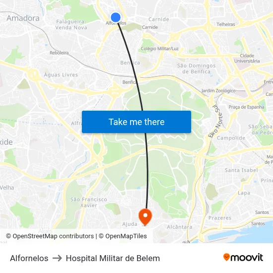 Alfornelos to Hospital Militar de Belem map