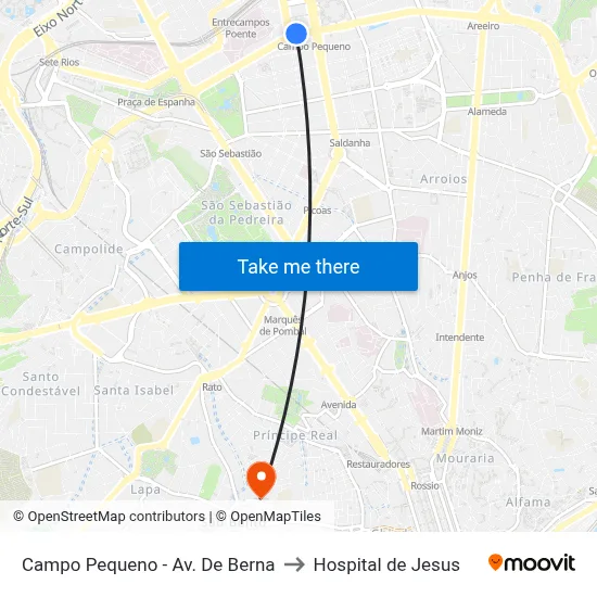Campo Pequeno - Av. De Berna to Hospital de Jesus map
