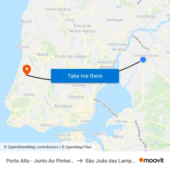 Porto Alto - Junto Ao Pinheiro to São João das Lampas map