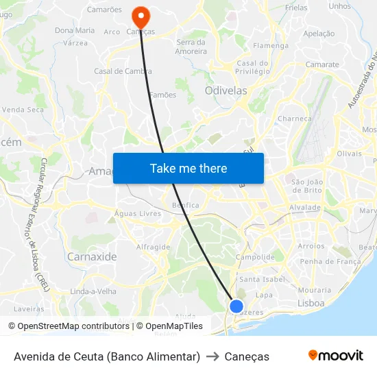 Avenida de Ceuta (Banco Alimentar) to Caneças map