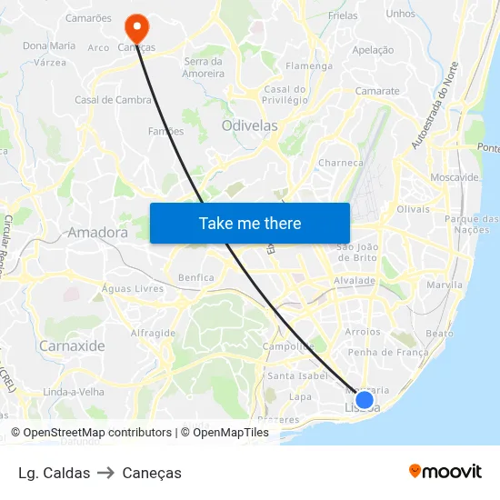 Lg. Caldas to Caneças map