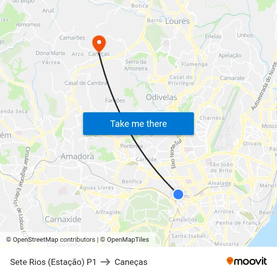 Sete Rios (Estação) P1 to Caneças map