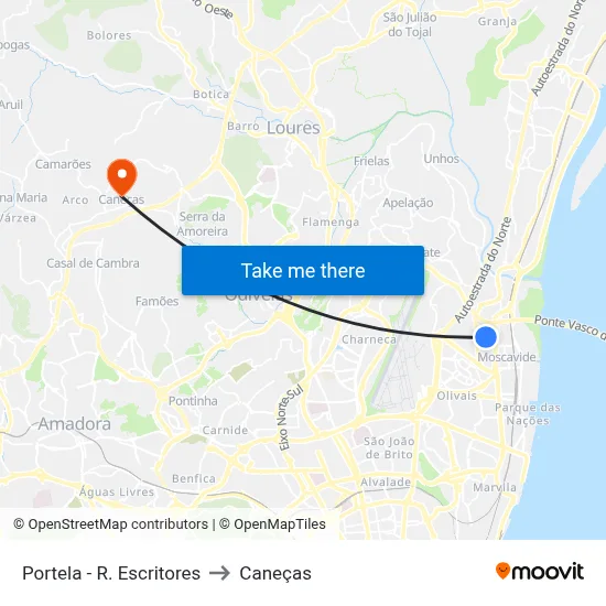 Portela - R. Escritores to Caneças map