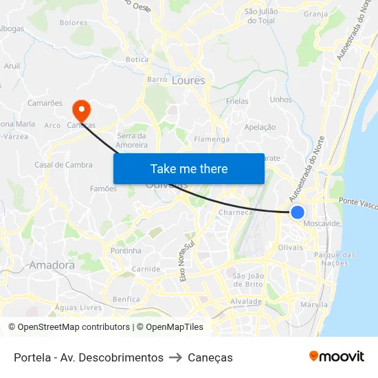 Portela - Av. Descobrimentos to Caneças map