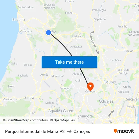 Parque Intermodal de Mafra P2 to Caneças map