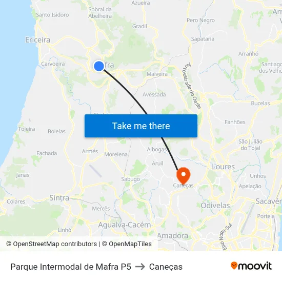 Parque Intermodal de Mafra P5 to Caneças map