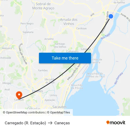 Carregado (R. Estação) to Caneças map