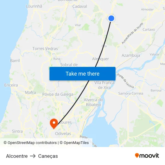 Alcoentre to Caneças map