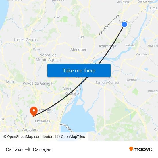 Cartaxo to Caneças map